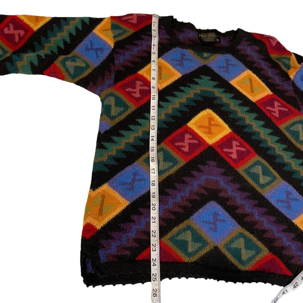 La Vicunita 100% Baby Alpaca Sweater Geometric Colorful Medium
